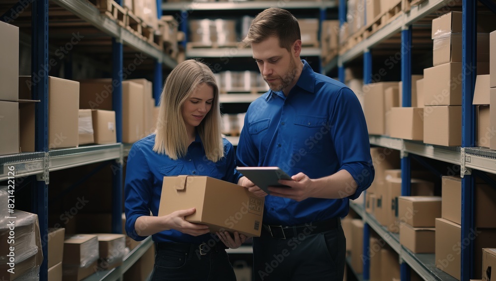 Warehouse workers efficiently managing inventory using digital tablets at a storage facility, collaborating to ensure effective organization and logistics for shipping, receiving, and fulfillment Warehouse workers efficiently managing inventory using digital tablets at a storage facility, collaborating to ensure effective organization and logistics for shipping, receiving, and fulfillment