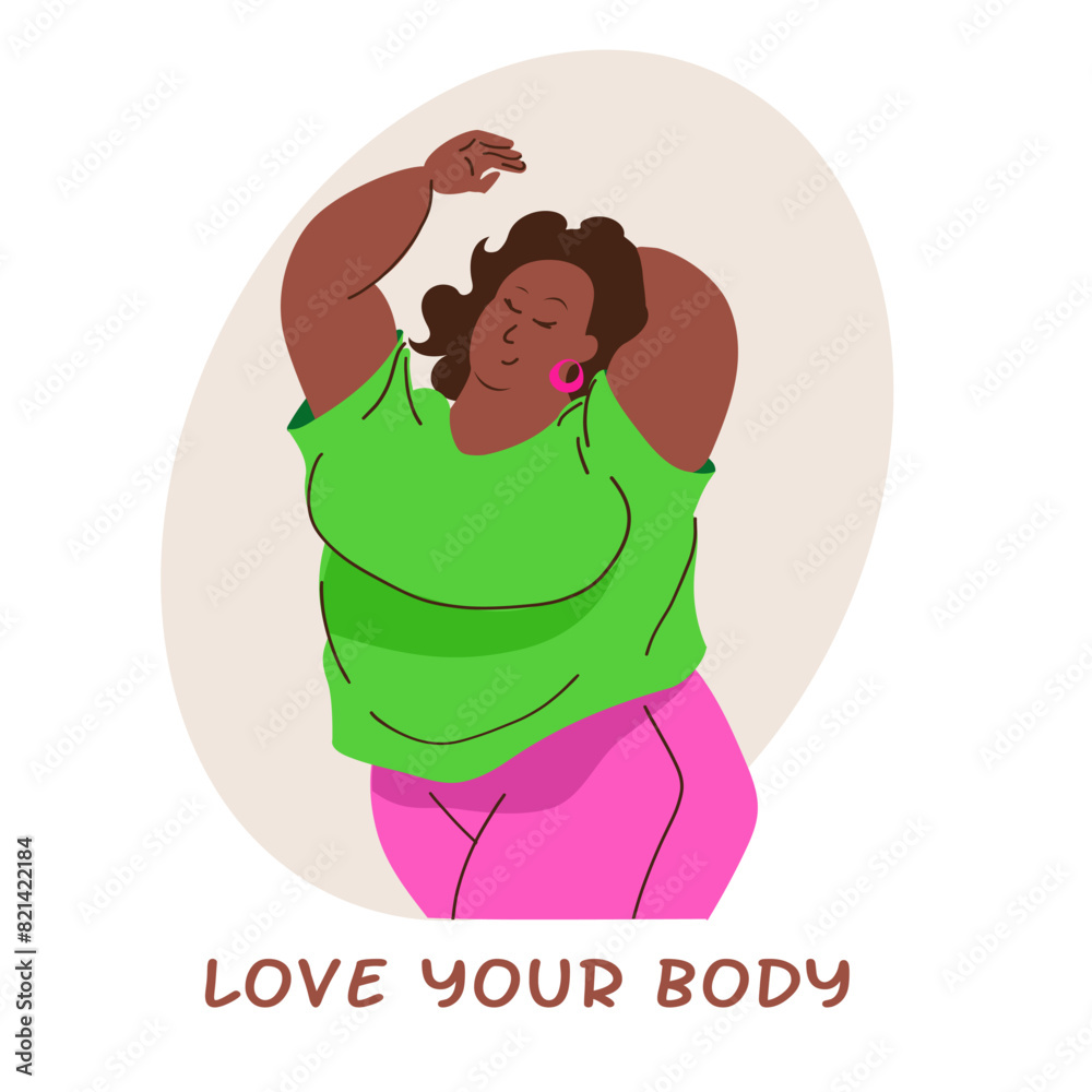Love your body concept. Pretty black plump and happy woman in bright plus size clothes is dancing and enjoying her body. Body positivity vector illustration. . Love your body concept. Pretty black plump and happy woman in bright plus size clothes is dancing and enjoying her body. Body positivity vector illustration. .