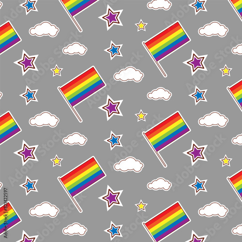 Colorful seamless pattern with LGBT symbols. Lesbians, gays, bisexuals, transsexuals. LGBT holiday colors, flag, heart, rainbow. Cartoon texture on a gray background for decoration and print.
