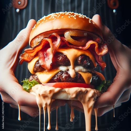 AI generated illustration showing two hands holding a huge, greasy hamburger with lots of cheese and bacon