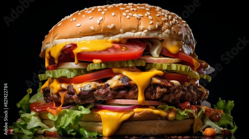 Delicious cheeseburger with juicy beef patty, cheddar cheese, fresh lettuce, tomato, pickles, and onions on a sesame seed bun. photo