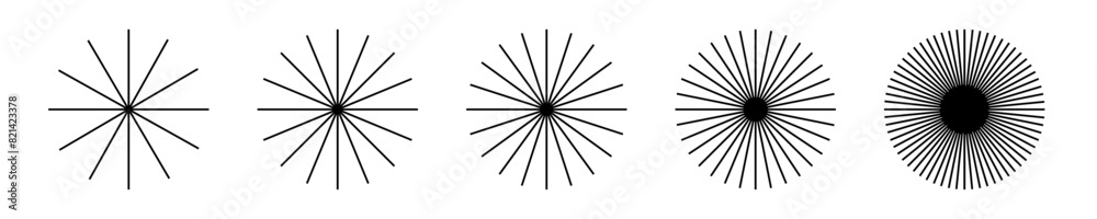 Starburst stripe round set. Ray lines emanate from the center of the circle. Pack of geometric elements. Isolated vector illustration on white background. Starburst stripe round set. Ray lines emanate from the center of the circle. Pack of geometric elements. Isolated vector illustration on white background.