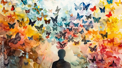 Watercolor Painting of a Person with Butterflies Flying Away