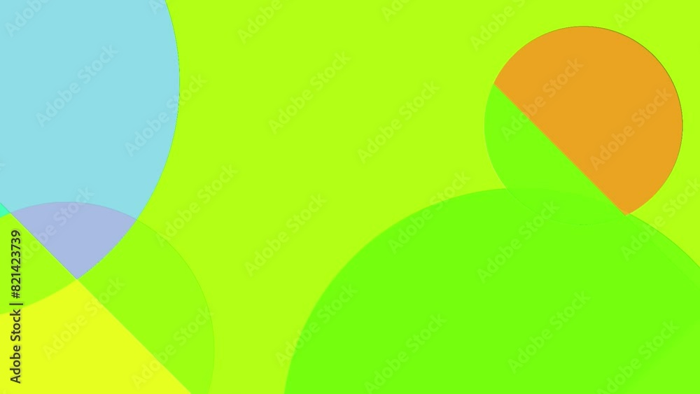 Orange, green, blue and yellow circles and square in motion on neon green. Abstract background, design element or transition. Orange, green, blue and yellow circles and square in motion on neon green. Abstract background, design element or transition.