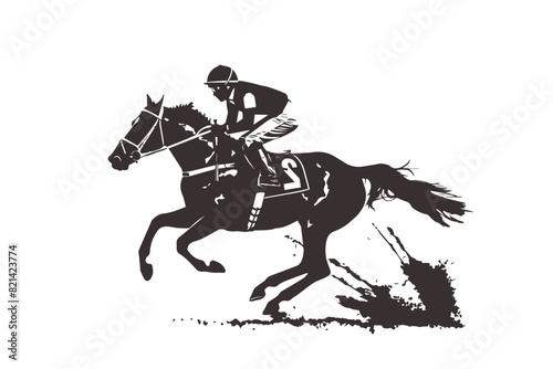 Jockey and horse during a horse race, vector stencil