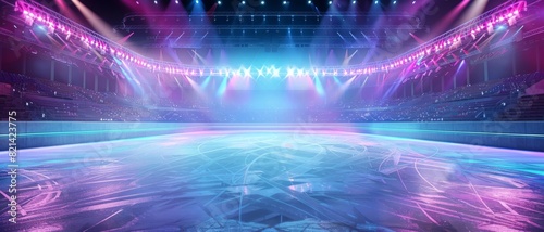 A skating rink illuminated with bright colorful lights and stage reflections. Ice Rink Background.