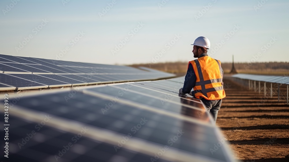 Engineer in safety gear inspecting solar panels at a solar farm on a sunny day, showcasing renewable energy and environmental sustainability. Engineer in safety gear inspecting solar panels at a solar farm on a sunny day, showcasing renewable energy and environmental sustainability.