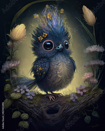 Artwork Created using Generative AI: From Mischievous Sprites to Gentle Giants, Vibrant and Cute, Upscaled Friends, and Imaginative Wildlife. Baby bird on the tree. Spike feathered bird. Baby bird art photo