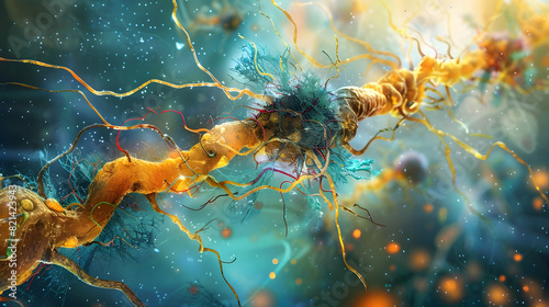 Demyelination of a neuron, the damage of the neuron myelin sheath seen in demyelinating diseases photo