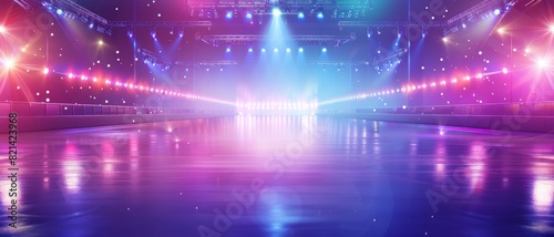 A skating rink illuminated with bright colorful lights and stage reflections. Ice Rink Background.