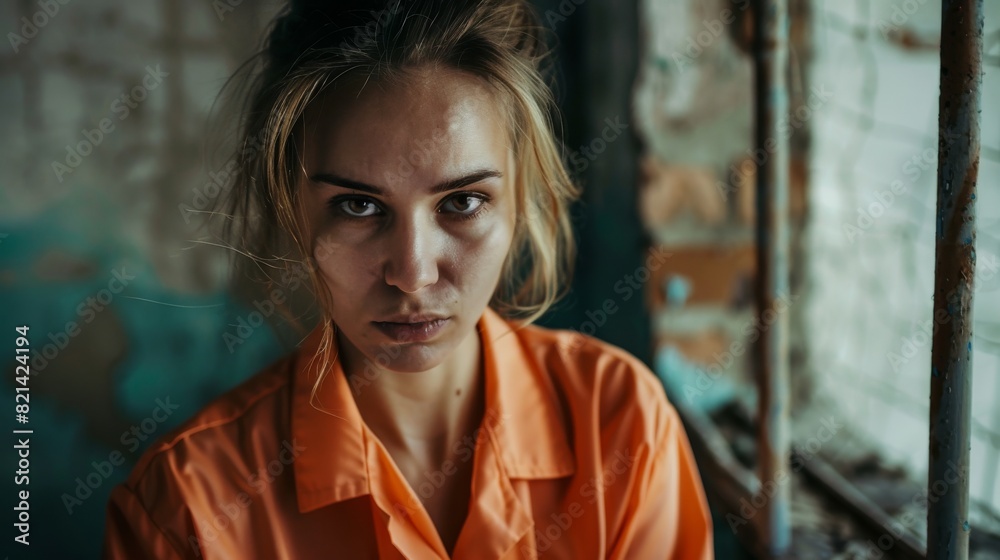 Young woman in an orange prisoner uniform sits by a barred window. Woman in prison. Young woman in an orange prisoner uniform sits by a barred window. Woman in prison.