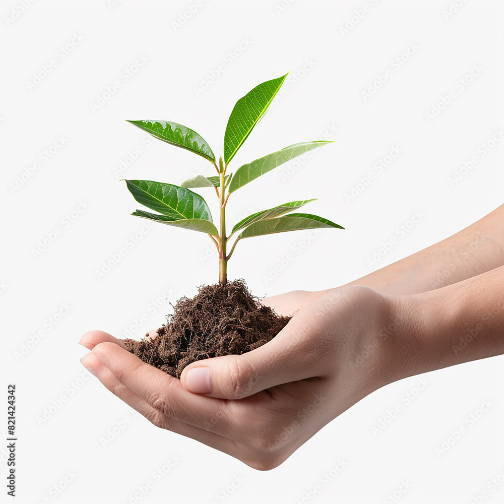 Photo of human hands holding a small plant with a white background Photo of human hands holding a small plant with a white background