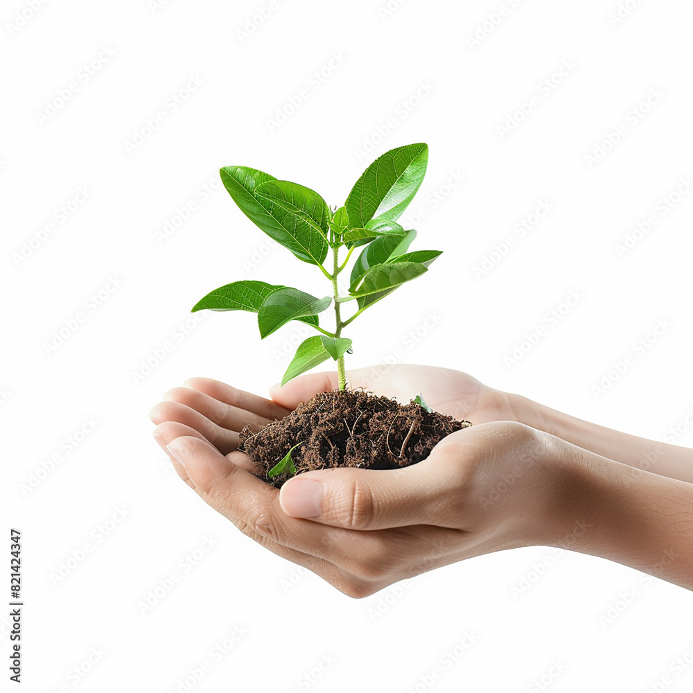 Photo of human hands holding a small plant with a white background Photo of human hands holding a small plant with a white background