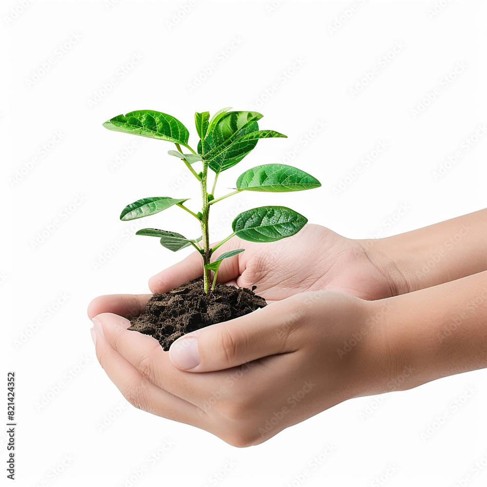 Photo of human hands holding a small plant with a white background Photo of human hands holding a small plant with a white background