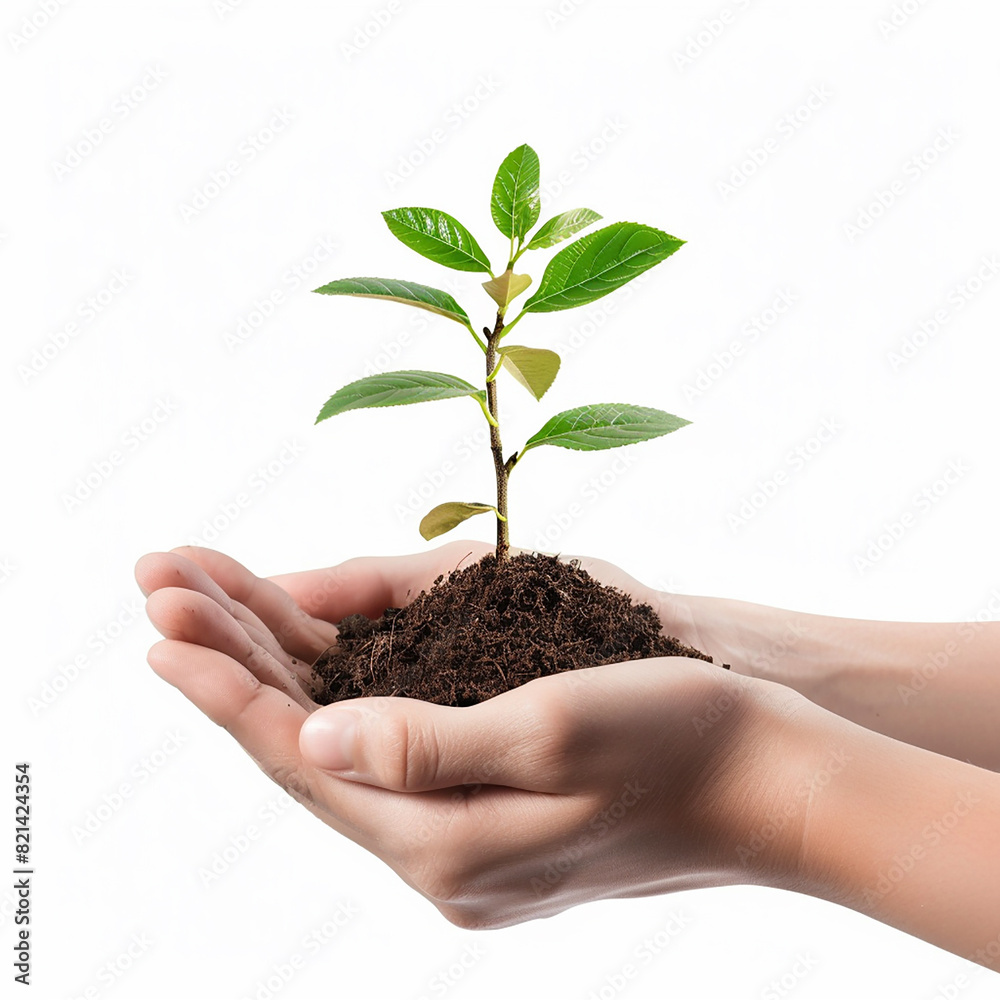 Photo of human hands holding a small plant with a white background Photo of human hands holding a small plant with a white background