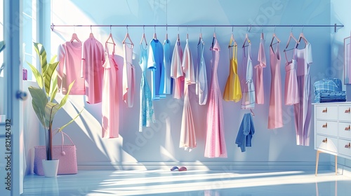 A room filled with colorful dresses and shirts hanging on a line, creating a stylish and creative concept for a designer clothing showroom. Generative AI
