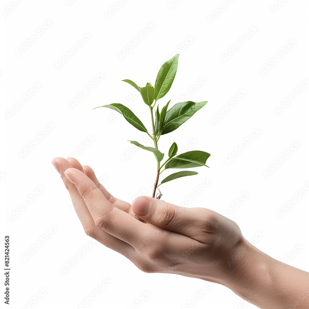 Photo of human hands holding a small plant with a white background Photo of human hands holding a small plant with a white background