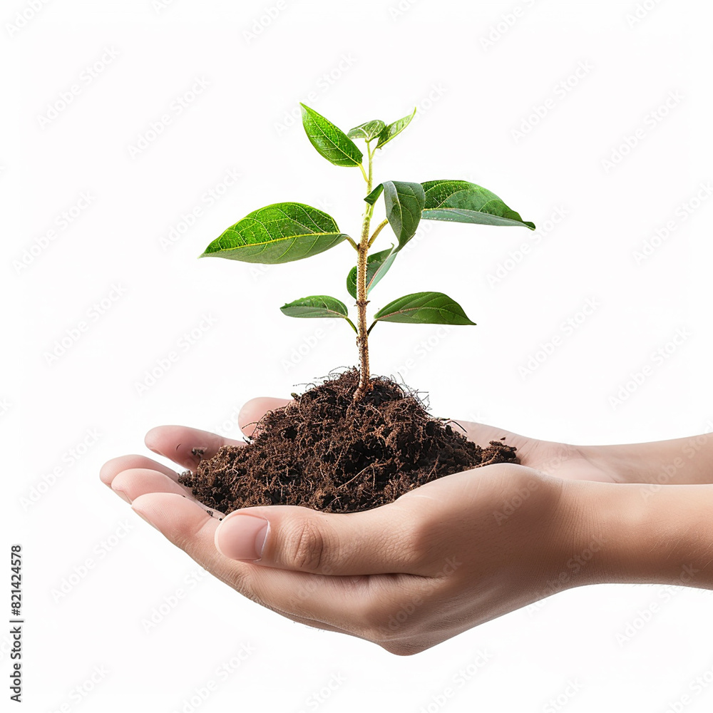 Photo of human hands holding a small plant with a white background