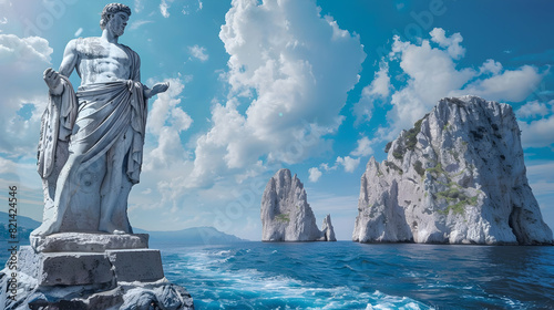 Collage with Faraglioni Rocks and statue of Emperor Augustus in Capri  Italy