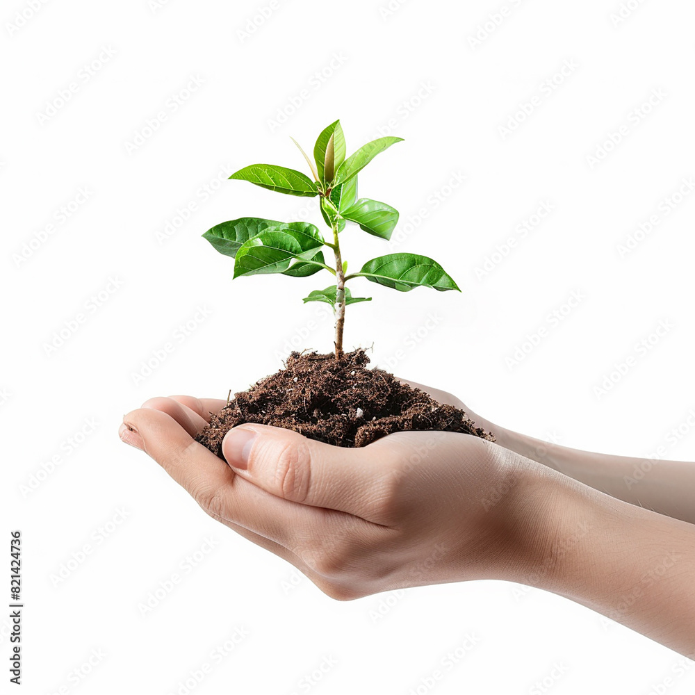 Photo of human hands holding a small plant with a white background Photo of human hands holding a small plant with a white background