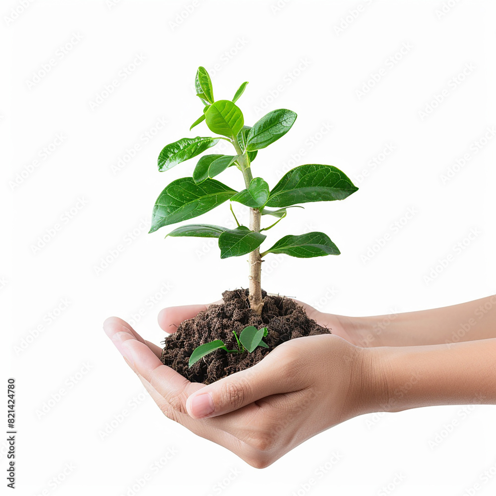 Photo of human hands holding a small plant with a white background