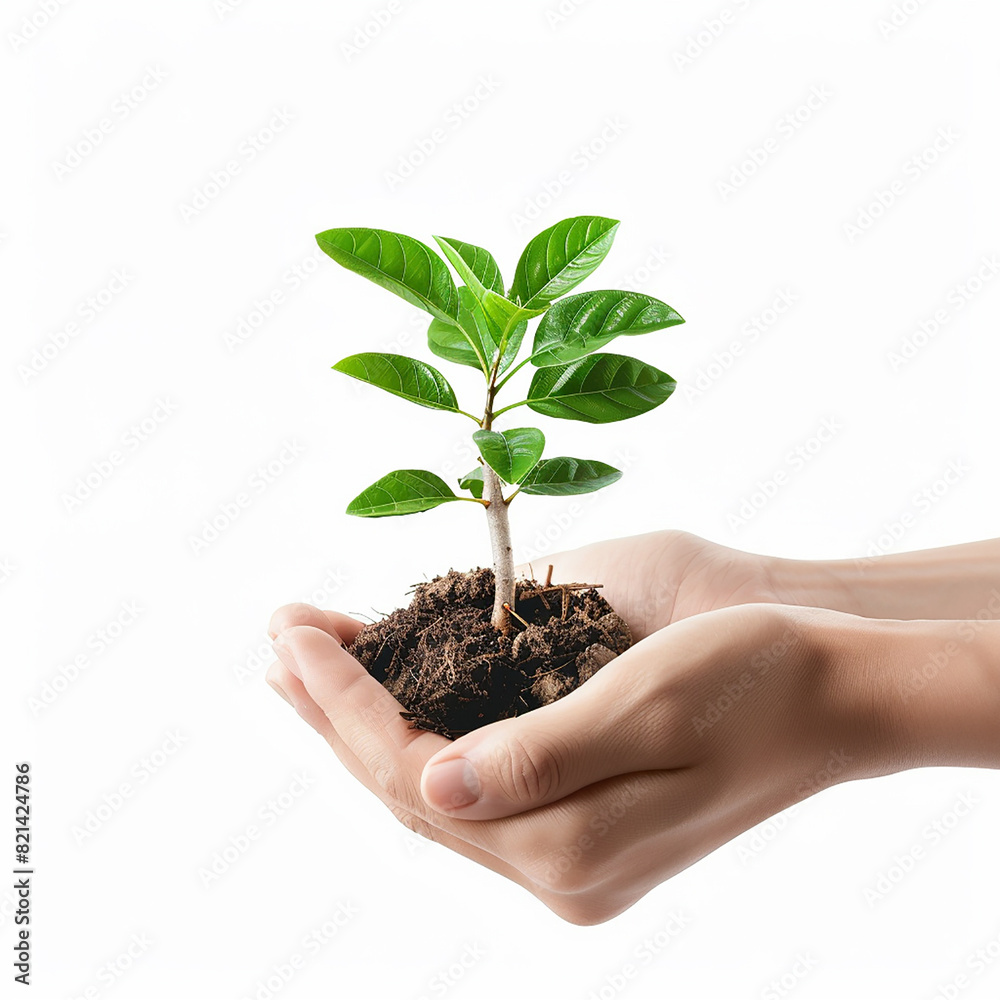 Photo of human hands holding a small plant with a white background Photo of human hands holding a small plant with a white background