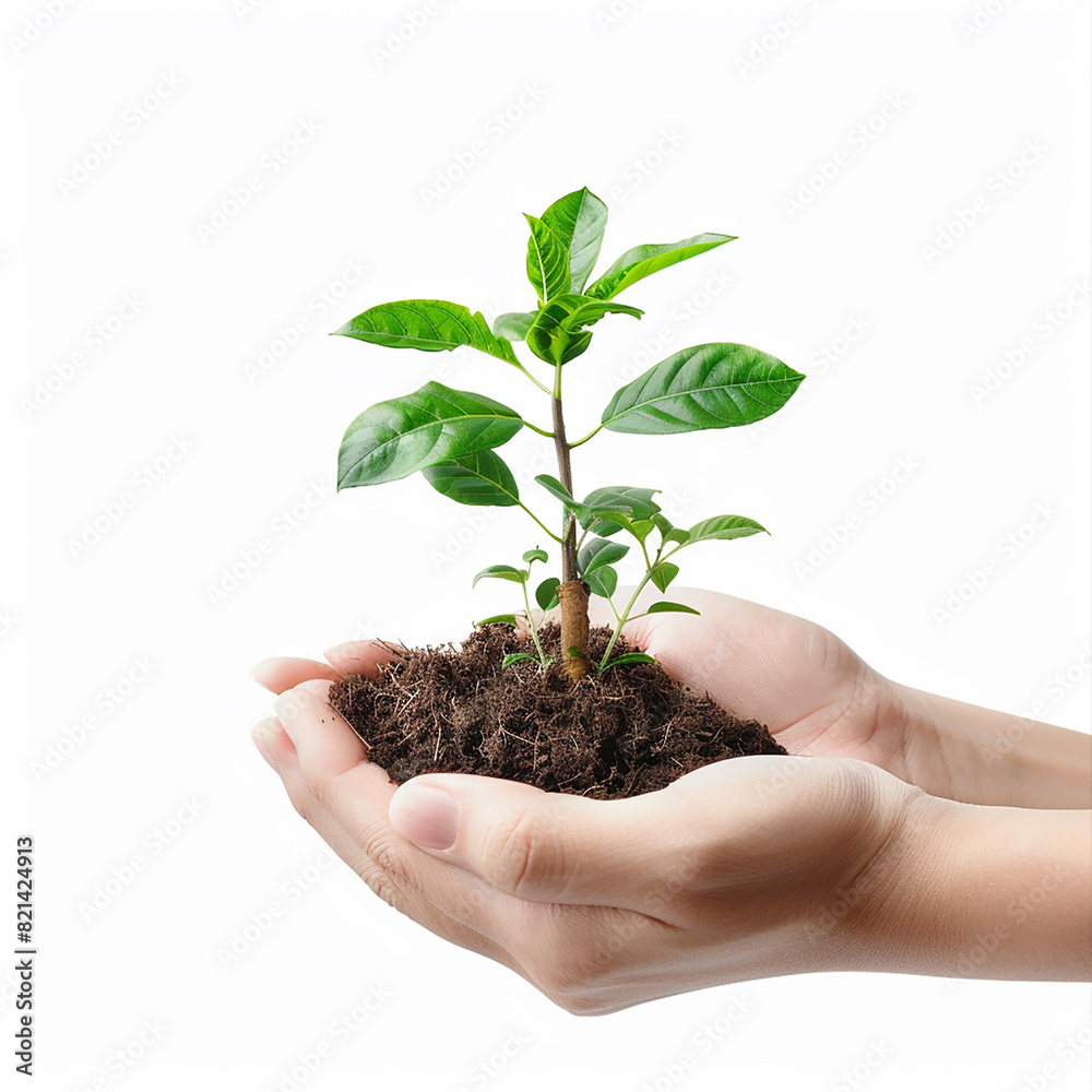 Photo of human hands holding a small plant with a white background Photo of human hands holding a small plant with a white background