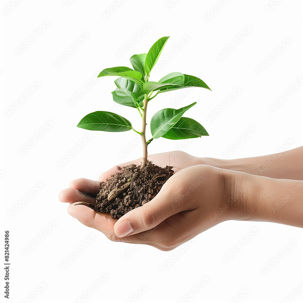 Photo of human hands holding a small plant with a white background Photo of human hands holding a small plant with a white background