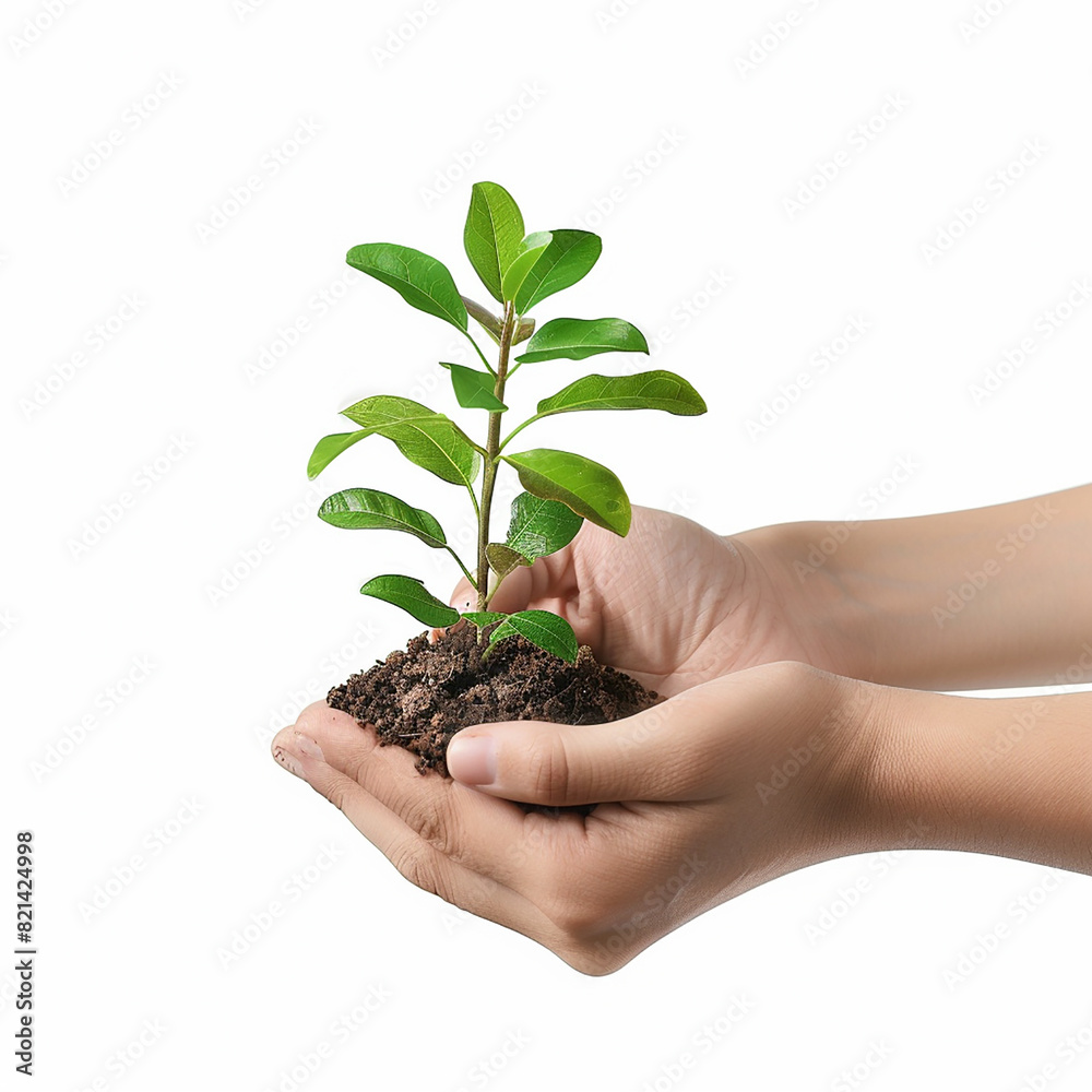 Photo of human hands holding a small plant with a white background Photo of human hands holding a small plant with a white background