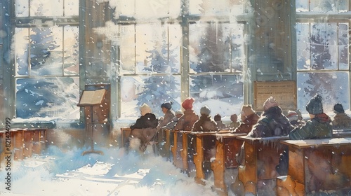 Winter classroom with students watching snowfall through the window