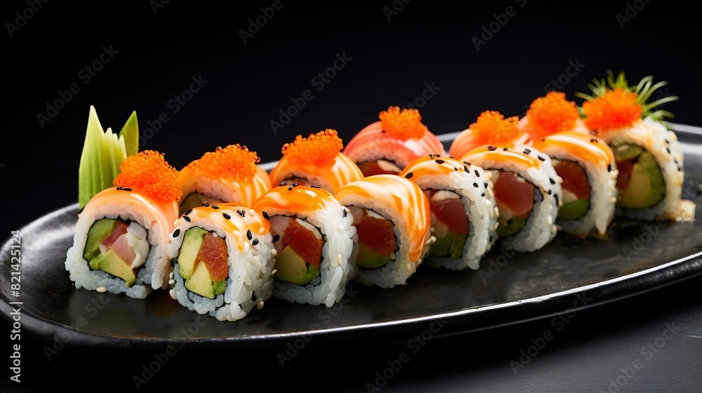 Fresh and colorful sushi rolls arranged on a black platter, garnished with vibrant roe and sliced vegetables, ready to be enjoyed. Fresh and colorful sushi rolls arranged on a black platter, garnished with vibrant roe and sliced vegetables, ready to be enjoyed.