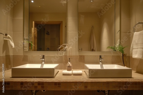 Bathroom Sinks. Interior of a Beautiful Bathe in a New Luxury Home with Vanities and Mirrors