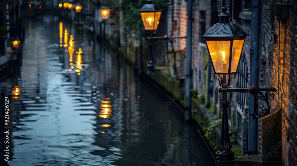 Vintage gas lamps line a narrow canal reflecting their light on the calm waters.