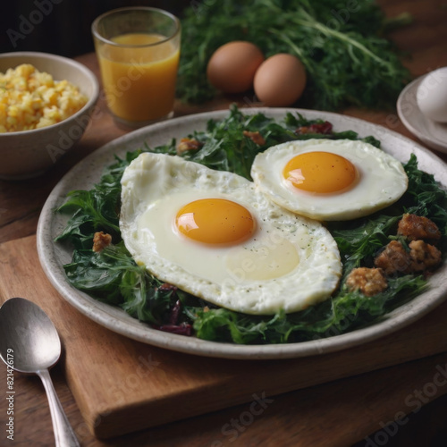 Sunny-side-up eggs with greens and breakfast sides