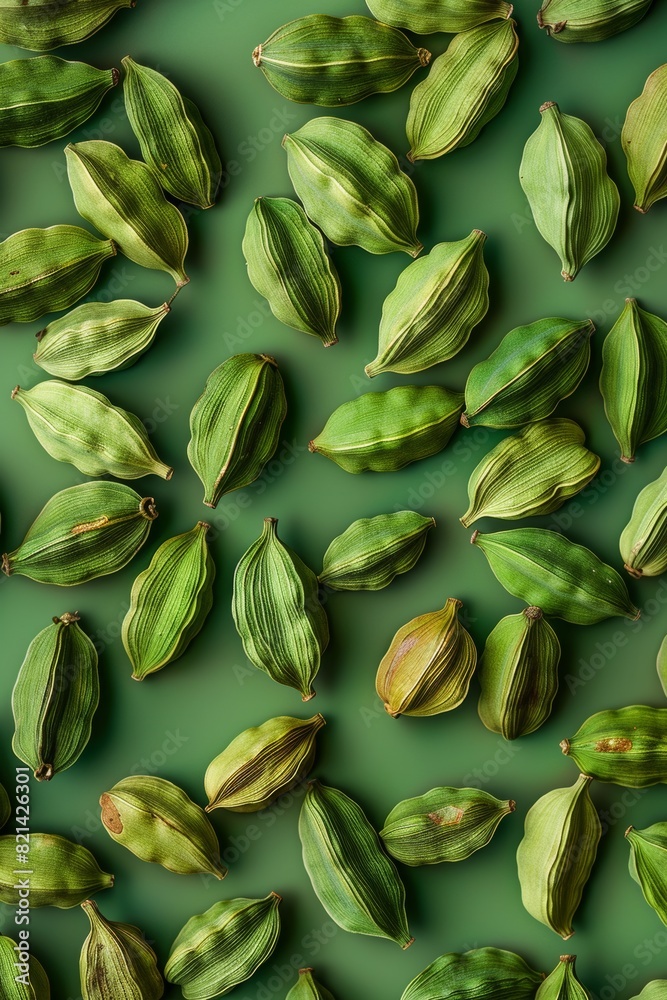 Cardamom spice, top view close-up green background. Сardamon pattern. Generative AI Cardamom spice, top view close-up green background. Сardamon pattern. Generative AI