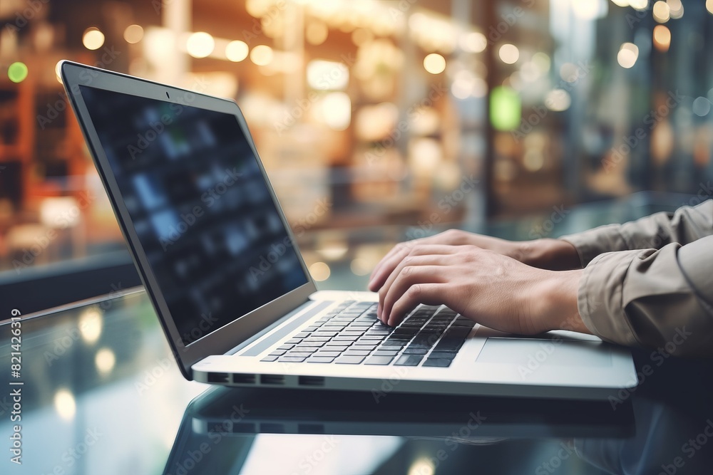 Hands typing on a laptop with a blurred background of lights in a modern and cozy cafe, perfect for business and tech-related concepts.