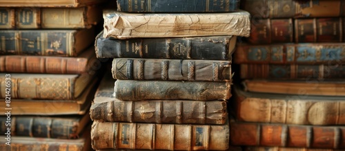 stack of old books in library in warm directional light