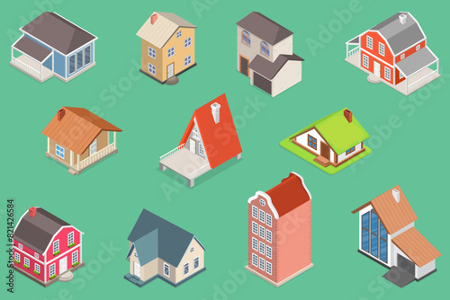 3D Isometric Flat Vector Set of Village Buildings, Various Small and Big Houses