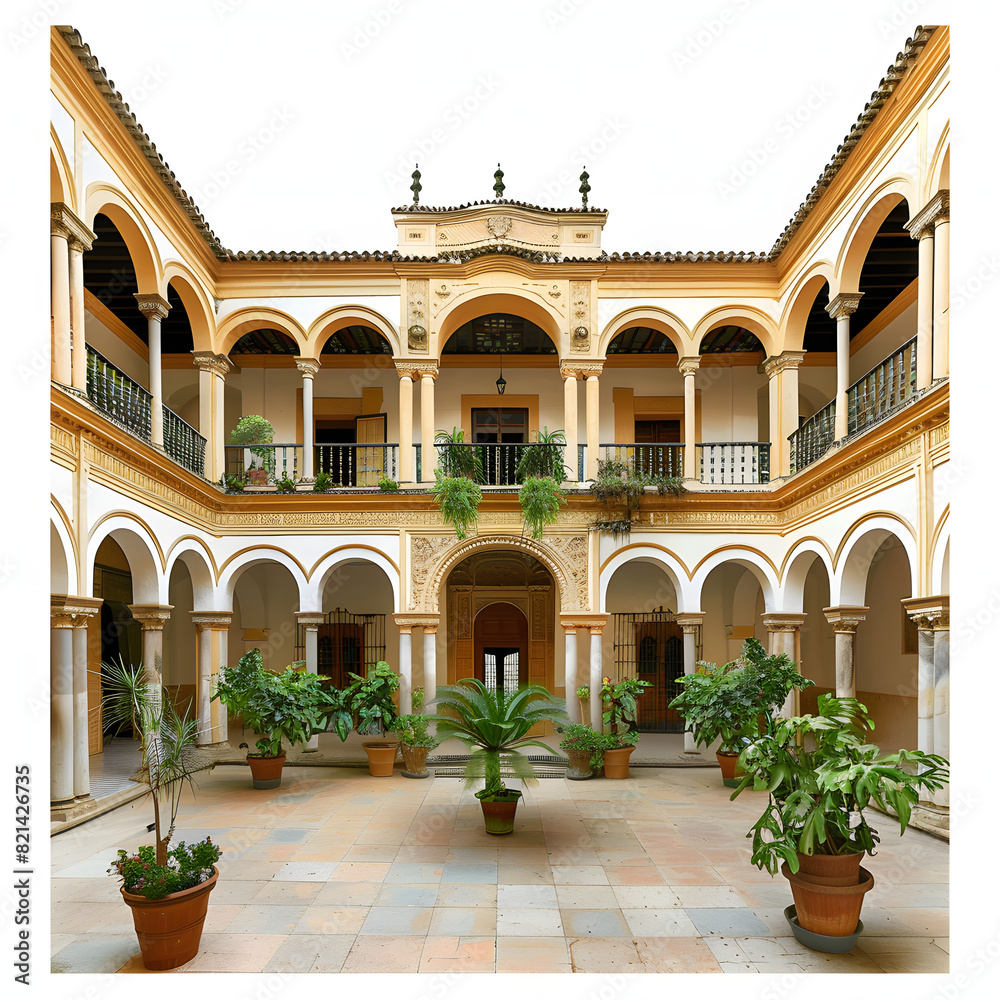 Courtyard in the royal alcazar of seville (real alcazar de sevilla), seville isolated on white background, studio photography, png
