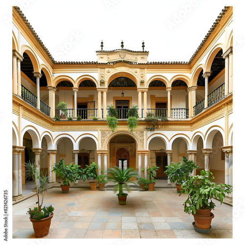 Courtyard in the royal alcazar of seville (real alcazar de sevilla), seville isolated on white background, studio photography, png 