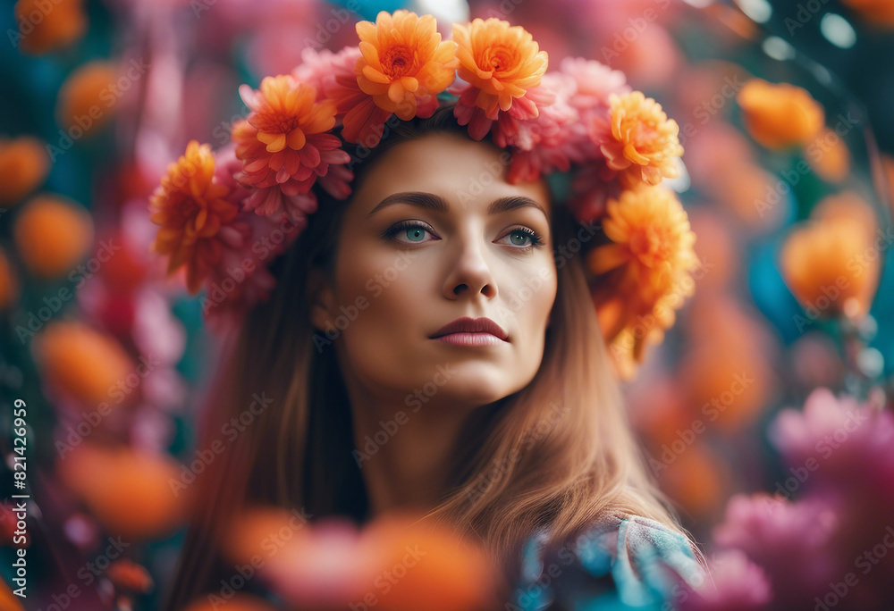 portrait of a beautiful woman in bloom, bright colors
portrait of a beautiful woman in bloom, bright colors