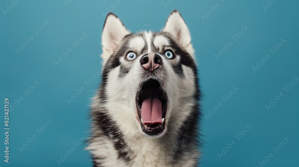 Portrait of Amazement Siberian Husky Dog opened mouth surprised. Generative Ai