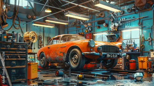 A classic vintage car under repair in a cluttered workshop with various tools and equipment around.