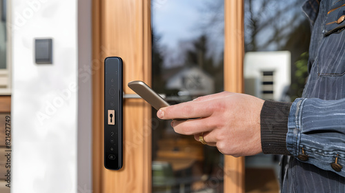 A technician installs a modern smart door lock on the wood door isolated on white background, detailed, png 