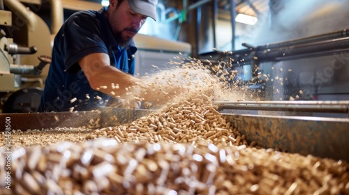 A worker operating a machine that screens and sifts wood pellets for uniformity. photo