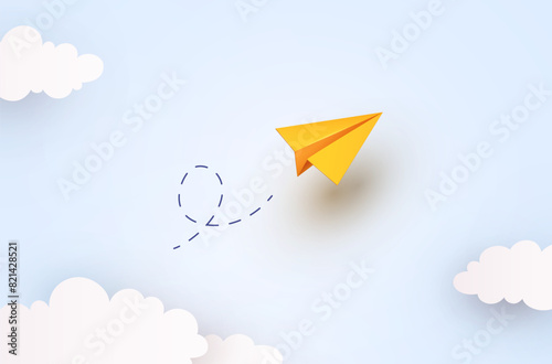 School or children blue sky cloudy background. 3d flying yellow paper airplane, origami toy. Vector cartoon kids plane in air