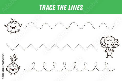 Tracing lines for kids. Cute cartoon vegetables. Broccoli, pumpkin, onion. Handwriting practice. Educational game for preschool kids. Activity page. 