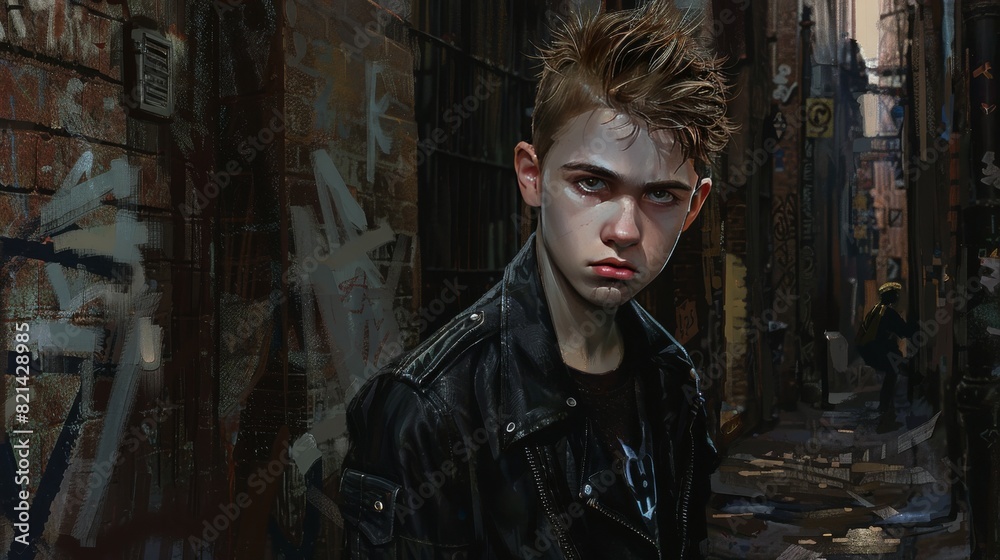 Obraz premium Young boy in a dark city alley for horror, mystery or crime themed designs