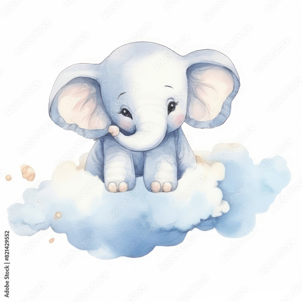 Cute little elephant flying on a cloud kids cartoon illustration digital artwork isolated on white. Funny baby elephant, hand drawn watercolor for package, postcard, brochure, book Cute little elephant flying on a cloud kids cartoon illustration digital artwork isolated on white. Funny baby elephant, hand drawn watercolor for package, postcard, brochure, book
