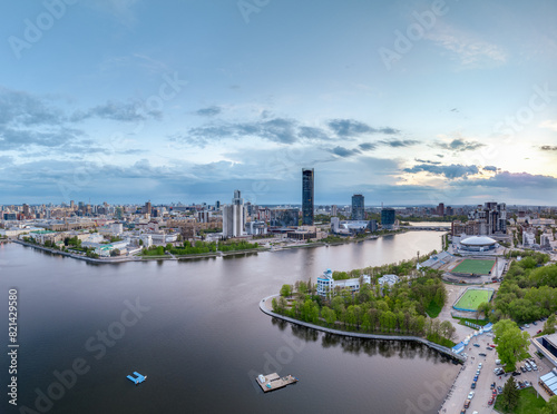 Wallpaper Mural Yekaterinburg city with Buildings of Regional Government and Parliament, Dramatic Theatre, Iset Tower, Yeltsin Center, panoramic view at summer sunset. Torontodigital.ca